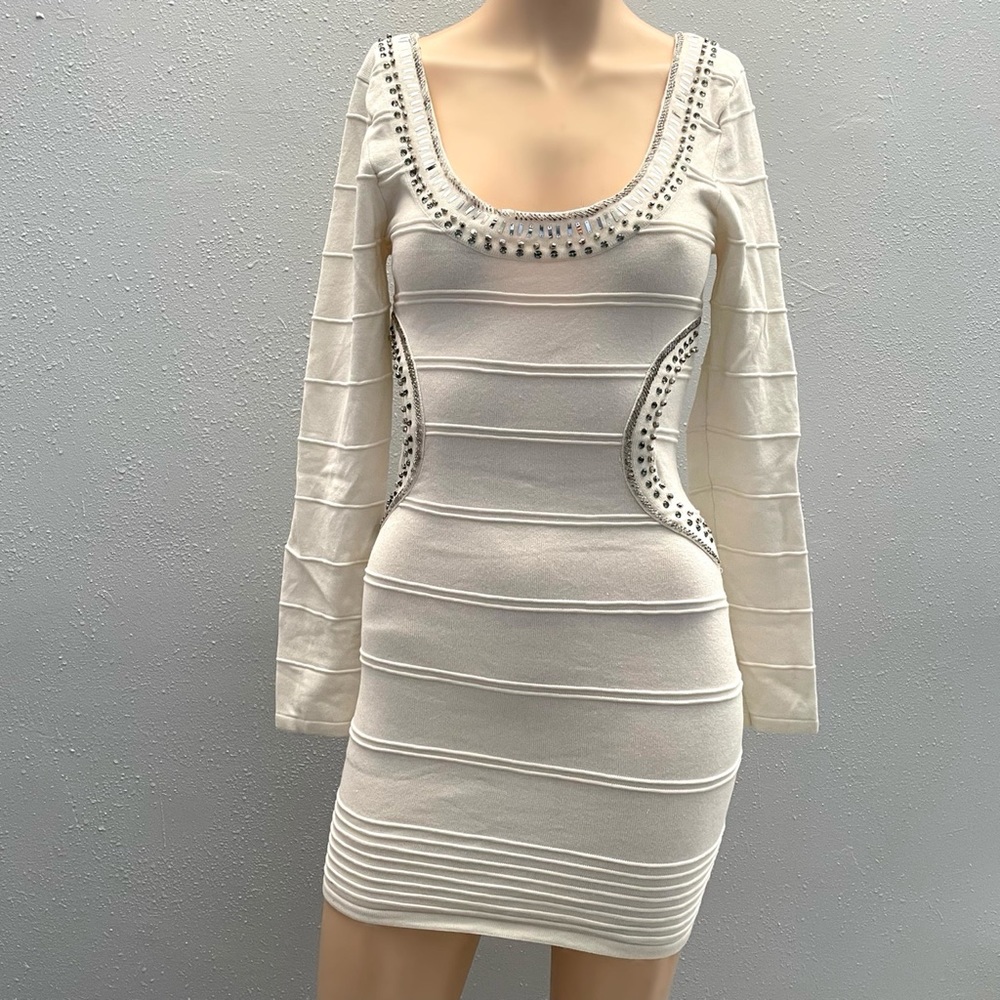 Long sleeve bandage style ivory white mini dress